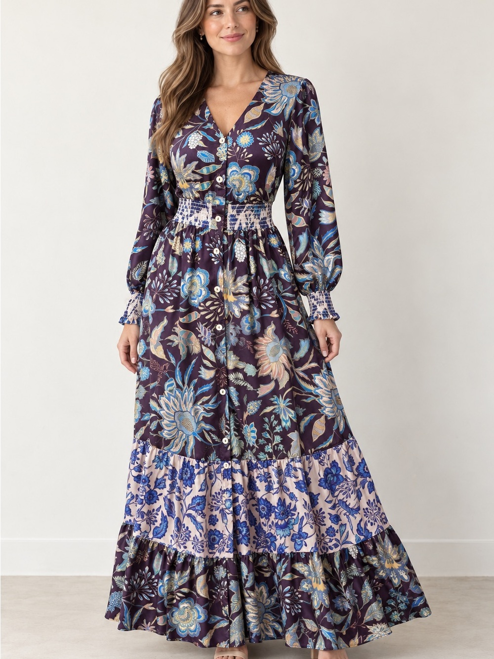 Just Bellina Floral Satin Maxi Dress M Smocked Waist Tiered Boho Button Front